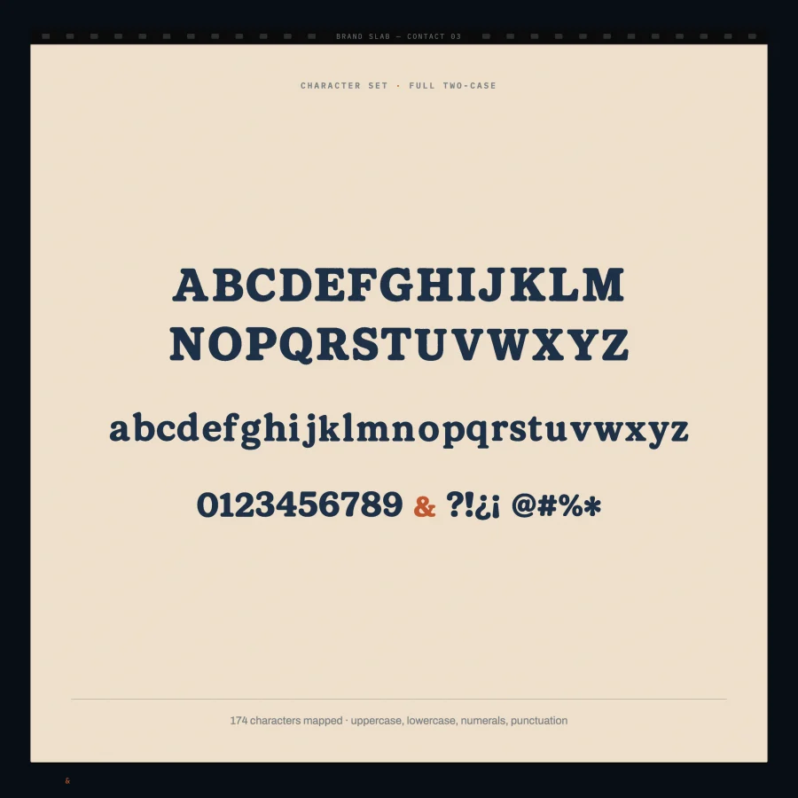 Brand Slab uppercase, lowercase, numerals and punctuation specimen
